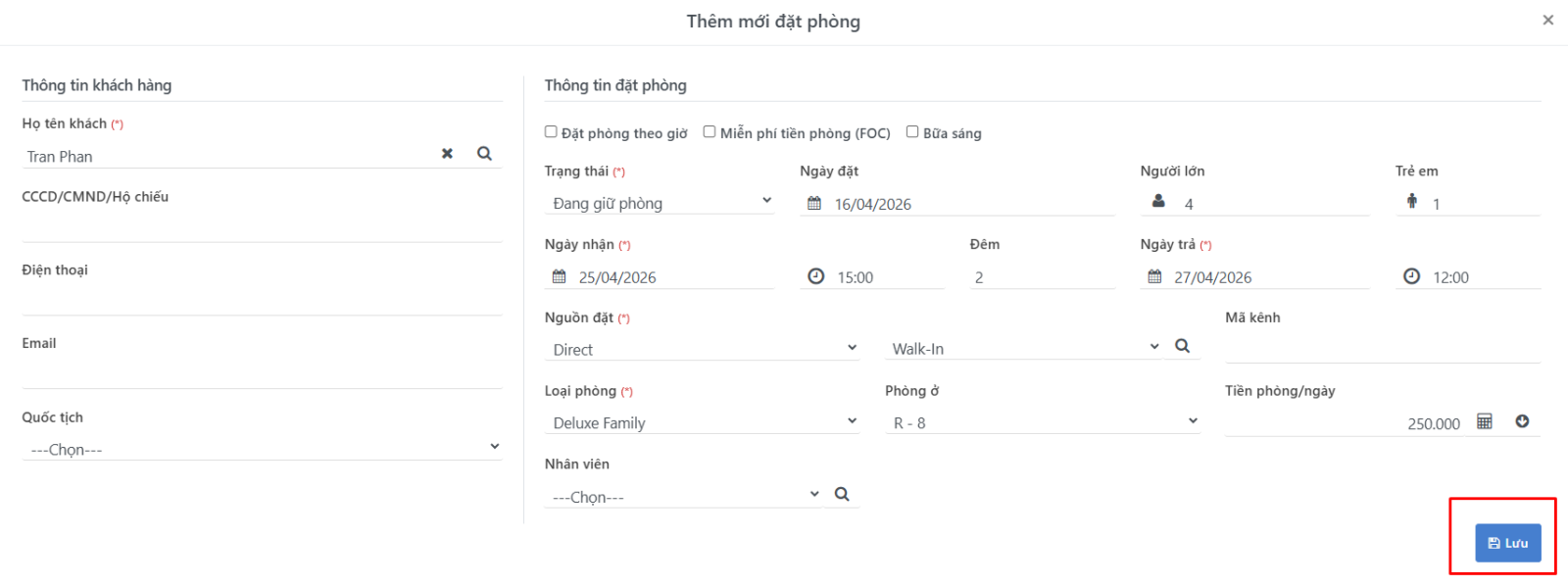 Màn hình nhập thông tin đặt phòng